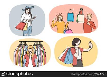 Set of happy women shopping on sales in mall or boutique. Collection of smiling girls with bags buy clothing on promotions or discounts. Consumerism and purchase. Vector illustration.. Set of happy women buyers shopping in mall