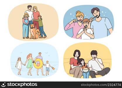 Set of happy young family with children enjoy everyday life activities together. Collection of loving smiling parents and kids relax spend time at home show unity and care. Vector illustration.. Set of happy parents with kids enjoy time together