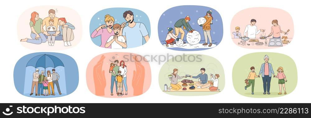 Set of happy young family with children everyday routine activity. Smiling parents with kids daily habits, brush teeth, cooking and playing together. Relative bonding and unity. Vector illustration. . Set of happy family with children daily routine