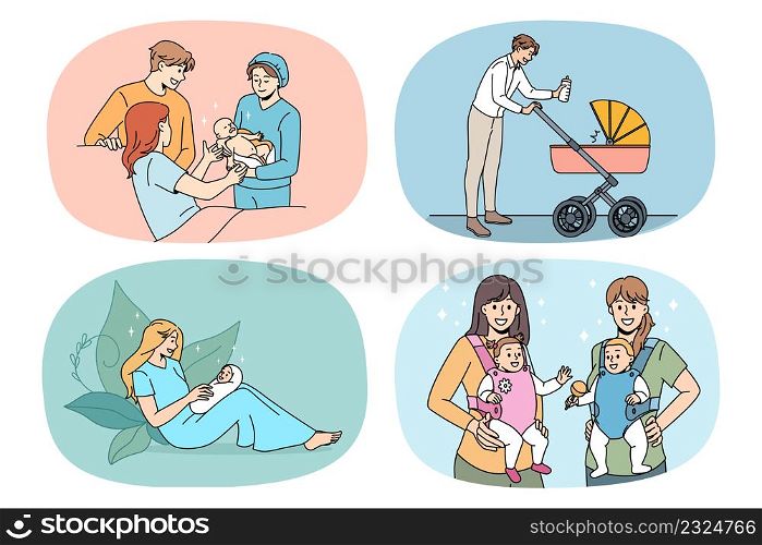 Set of happy young parents with baby infants excited about parenthood. Collection of smiling loving mother and father with little newborn children. Family growing, parenthood. Vector illustration.. Set of happy parents with newborns excited with parenthood