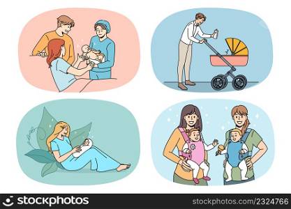 Set of happy young parents with baby infants excited about parenthood. Collection of smiling loving mother and father with little newborn children. Family growing, parenthood. Vector illustration.. Set of happy parents with newborns excited with parenthood
