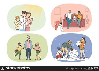 Set of happy young parents with small children daily life. Collection of smiling family with kids everyday activities, spending time playing together. Parenthood concept. Vector illustration.. Set of parents daily activities with small kids