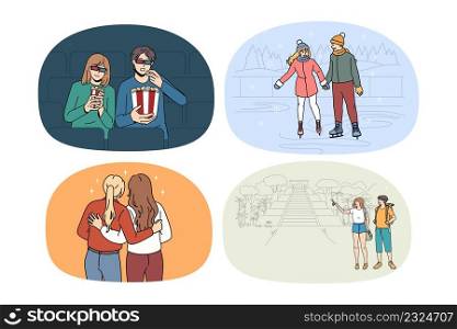 Set of happy young people have fun relax together on leisure weekend. Collection of diverse friends enjoy vacation, rest in cinema or skating outdoors. Flat vector illustration.. Set of happy friends have fun relax on weekend