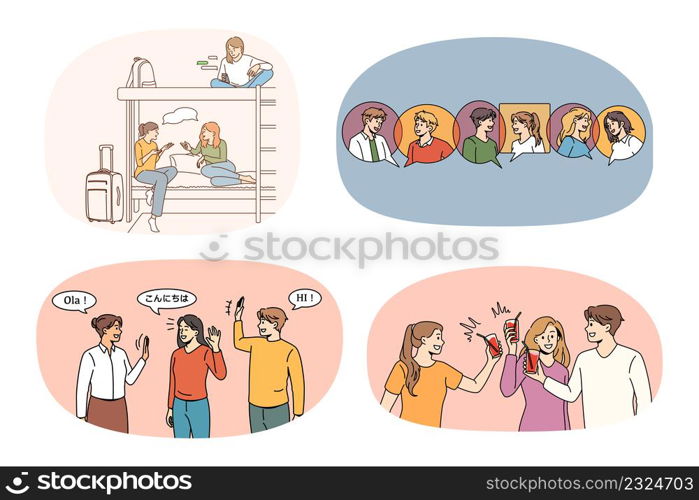 Set of happy young people students communicate relax together. Collection of smiling friends rest enjoy communication. Friendship and diversity concept. Vector illustration.. Set of happy diverse friends communicate relax together