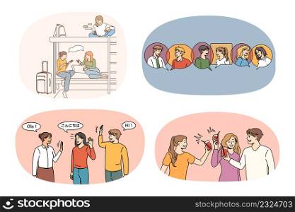 Set of happy young people students communicate relax together. Collection of smiling friends rest enjoy communication. Friendship and diversity concept. Vector illustration.. Set of happy diverse friends communicate relax together