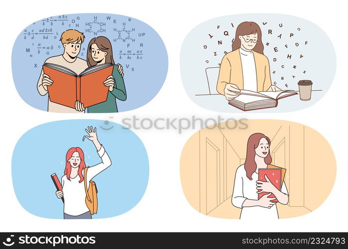 Set of happy young people with books enjoy studying learning new information. Collection of smiling students with textbooks in college or university. Education. Vector illustration.. Set of happy people with books studying