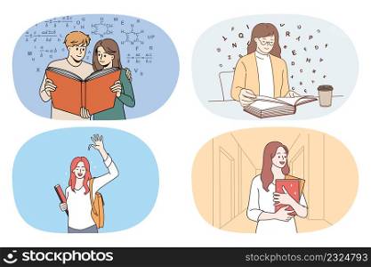 Set of happy young people with books enjoy studying learning new information. Collection of smiling students with textbooks in college or university. Education. Vector illustration.. Set of happy people with books studying