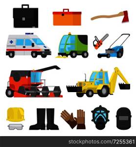 Set of harvesting and sweeping equipment, medical transport, lawn mowers, technology digging, protective accessories vector illustration. Working Equipment, Protective Accessory, Transport