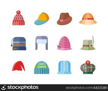 Set of hat flat design collection. Man winter hat isolated, fashion ladies hat accessory clothing wear, christmas hat, retro vintage woman hat elegance vector illustration
