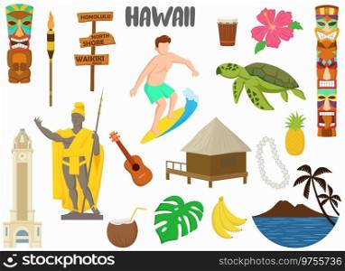 Set of Hawaii famous landmarks