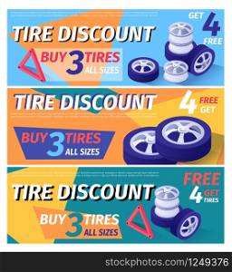 Set of Header Banner Offering Car Tire Discount. Vector 3d Illustration with Isometric Wheel, Rubber and Shining Disk on Color Backdrop. Print Digital Advertisement. Sale Offer from Workshop. Set of Header Banner Offering Car Tire Discount