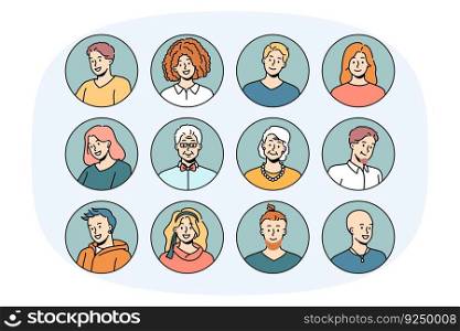 Set of headshot avatars of people of different ages and genders. Head portraits of men and women faces. Collection of young and old generation persons. Diversity. Vector illustration.. Set of diverse people avatars