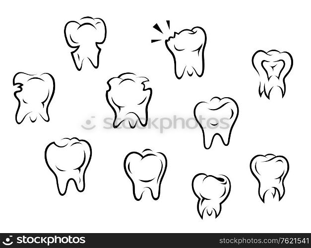 Set of health and illness teeth isolated on white background