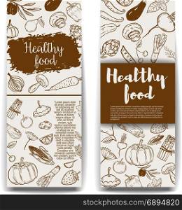 Set of healthy food banner templates.Hand drawn vegetables illustrations. Design element for poster, banner, card, emblem, sign, label. Vector illustration