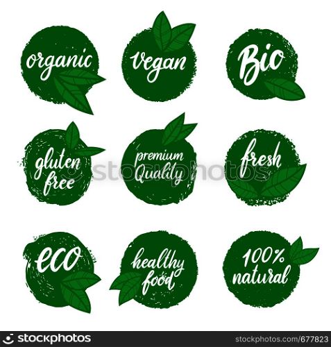 Set of healthy food emblems. Eco, organic food. Design element for logo, label, sign, label, poster, flyer, banner. Vector illustration