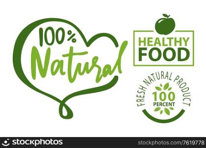 Set of healthy food logos, vector natural fruits and fresh products labels isolated on white. Vector rectangular and hard shape frames, guarantee of quality. Set of Healthy Food Logos, Vector Natural Fruits