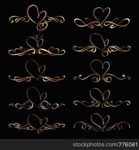 Set Of Heart Decorative Calligraphic Elements For Decoration. Handmade Vector Illustration.