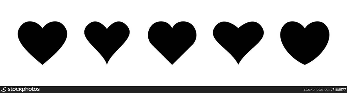 Set of heart vector icons isolated on white background. Vector illustration. Black flat design. EPS 10