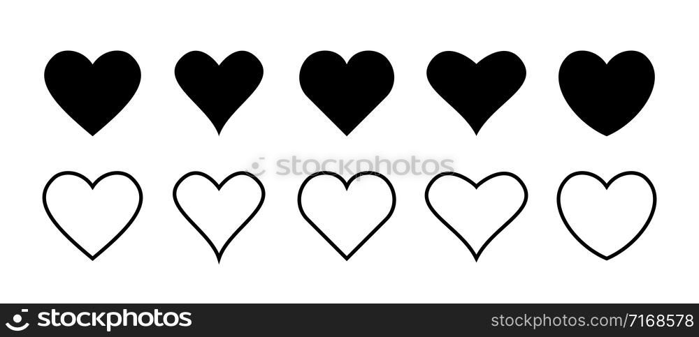 Set of heart vector icons isolated on white background. Vector illustration. Black flat design. Linear heart for concept design. EPS 10