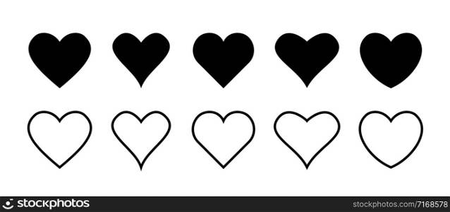 Set of heart vector icons isolated on white background. Vector illustration. Black flat design. Linear heart for concept design. EPS 10
