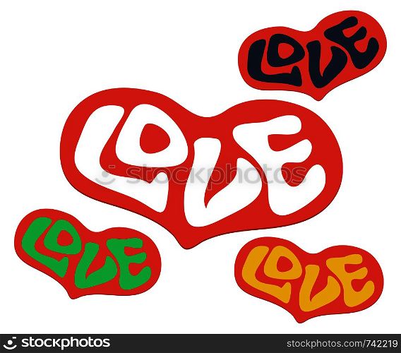 Set of heart. Word Love with heart. Vector Love Heart. Text for t-shirt apparel, print, poster, card design etc