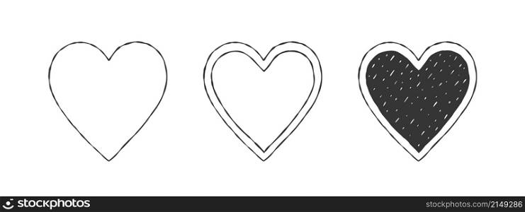 Set of hearts. Black hearts with texture. Hand-drawn hearts. Vector illustration