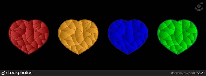 Set of hearts in different colors on a black background.