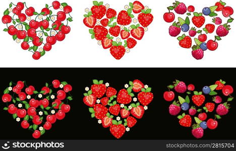 Set of hearts made of fruit and berries on a white and black background