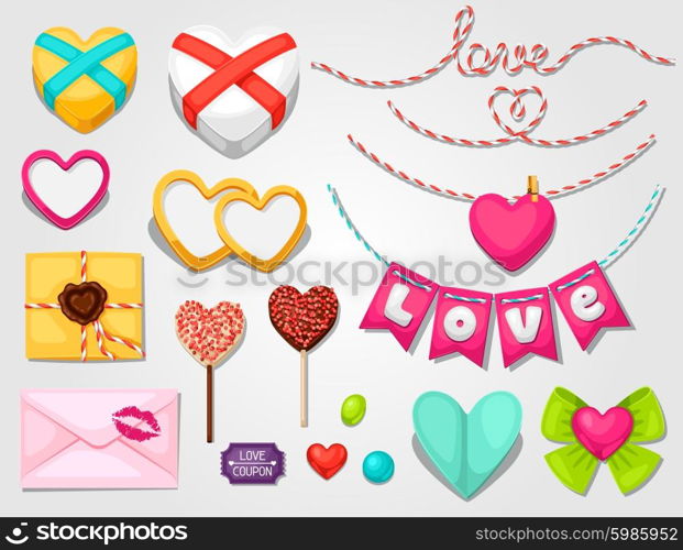 Set of hearts, objects, decorations. Can be used for design Valentines Day cards and wedding design
