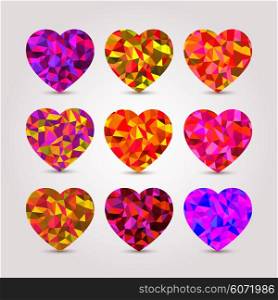 Set of hearts with different backgrounds and different shades and colors for design and inspiration