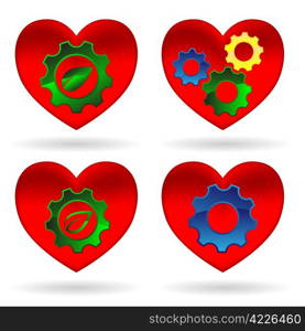 Set of hearts with gears, green leaves. Vector illustration.