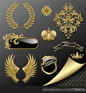 Set of heraldic gold and black design elements