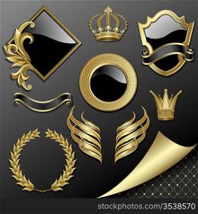 Set of heraldic gold and black design elements