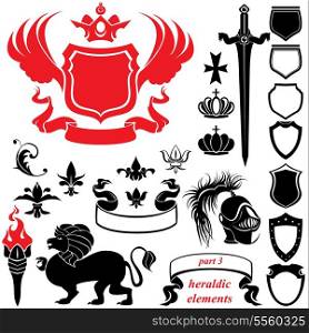 Set of heraldic silhouettes elements - icons of blazon, crown, lion, ribbon, torch, sword, helmet, fleur de lis