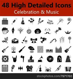 Set of High Detailed Celebration and Music Smooth Icons in Black Colors. Suitable For All Kind of Design (Web Page, Interface, Advertising, Polygraph and Other). Vector Illustration.