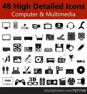 Set of High Detailed Computer and Multimedia Smooth Icons in Black Colors. Suitable For All Kind of Design (Web Page, Interface, Advertising, Polygraph and Other). Vector Illustration.