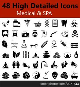 Set of High Detailed Medical and SPA Smooth Icons in Black Colors. Suitable For All Kind of Design (Web Page, Interface, Advertising, Polygraph and Other). Vector Illustration.