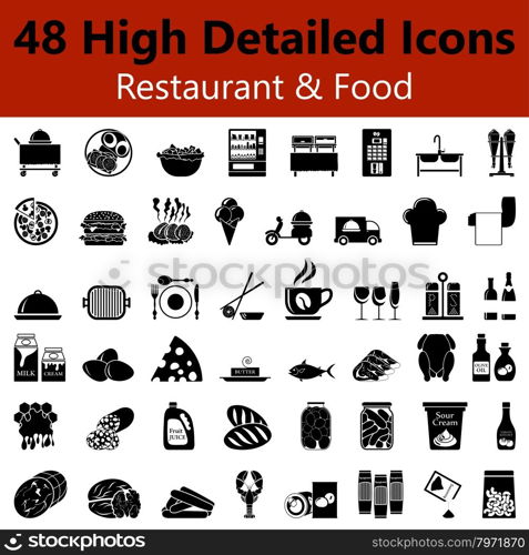 Set of High Detailed Restaurant and Food Smooth Icons in Black Colors. Suitable For All Kind of Design (Web Page, Interface, Advertising, Polygraph and Other). Vector Illustration.