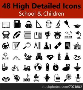 Set of High Detailed School and Children Smooth Icons in Black Colors. Suitable For All Kind of Design (Web Page, Interface, Advertising, Polygraph and Other). Vector Illustration.