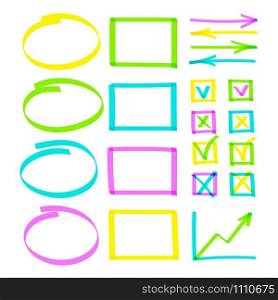 Set of highlighter pen hand drawn elements. Realistic colorful highlight lines circle, oval and square, arrows, graph and check boxes with tick or cross vector hand drawings. Business illustration.. Set of hand drawn highlight lines note objects