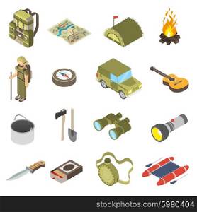 Set Of Hiking and Camping Icons. Set Of Hiking and Camping Icons with binoculars axe compass backpack tent knife tourist vector illustration