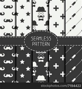Set of hipster fashion geometric seamless pattern with mustache. Collection of paper for scrapbook. Vector background. Tiling. Stylish graphic texture for your design, wallpaper, pattern fills.. Set of monochrome hipster fashion geometric seamless pattern with mustache. Collection of paper for scrapbook. Vector background. Tiling. Stylish graphic texture for your design, wallpaper, pattern fills.
