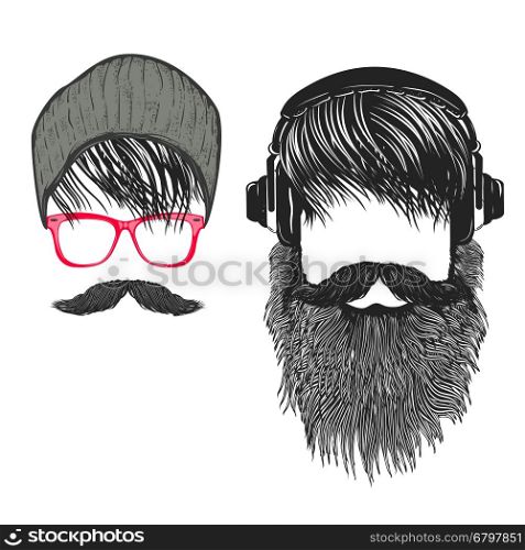 Set of Hipster hairstyle. Men with beard and headphones. Design elements for poster, t-shirt print. Vector illustration.