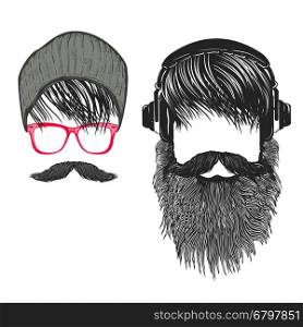 Set of Hipster hairstyle. Men with beard and headphones. Design elements for poster, t-shirt print. Vector illustration.