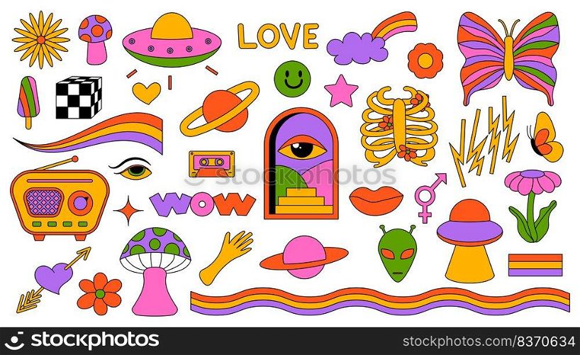 Set of hipster retro cool psychedelic elements. Collection stickers of groovy cliparts from the 70s 60s. Collage with trendy pop vibe with funky design element. Abstract background of cartoon sticker.. Set of hipster retro cool psychedelic elements. Collection stickers of groovy cliparts from the 70s 60s. Collage with trendy pop vibe with funky design element. Abstract background of cartoon sticker