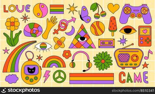 Set of hipster retro cool psychedelic elements. Collection stickers of groovy cliparts from the 70s 60s. Collage with trendy pop vibe with funky design element. Abstract background of cartoon sticker.. Set of hipster retro cool psychedelic elements. Collection stickers of groovy cliparts from the 70s 60s. Collage with trendy pop vibe with funky design element. Abstract background of cartoon sticker