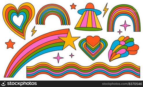 Set of hipster retro cool rainbow psychedelic elements. A collection of groovy cliparts iridescent from the 70s. editable stroke. Abstract design of cartoon stickers. Trend vector illustration.. Set of hipster retro cool rainbow psychedelic elements. A collection of groovy cliparts iridescent from the 70s. editable stroke. Abstract design of cartoon stickers. Trend vector illustration