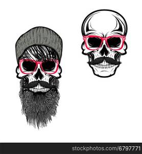 Set of hipster skulls in hat and sunglases. Design elements for t-shirt print, poster. Vector illustration.