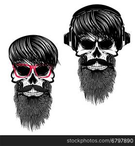 Set of hipster skulls with hairstyle sunglases and headphones. Design elements for t-shirt print, poster. Vector illustration.
