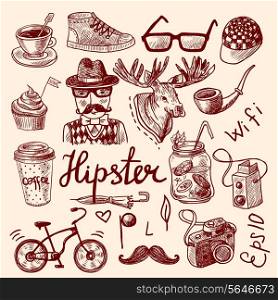 Set of hipster style doodles vintage antlers bicycle camera shoe icons vector illustration